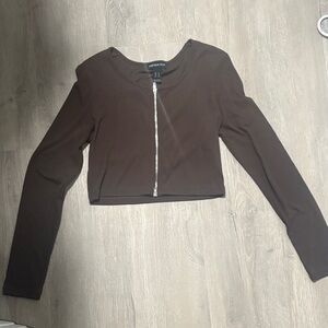 Elegant Brown Zip-Up Crop Top